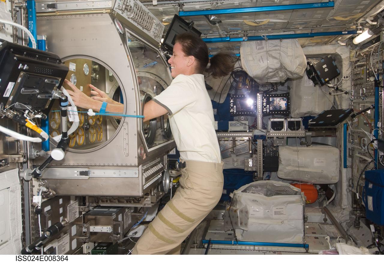 ISS024-E-008364 (14 July 2010)--- Astronaut Shannon Walker, Expedition 24 flight engineer, works on the Smoke Aerosol Measurement Experiment (SAME) inside the Microgravity Science Glovebox (MSG) in the European laboratory Columbus on the International Space Station.