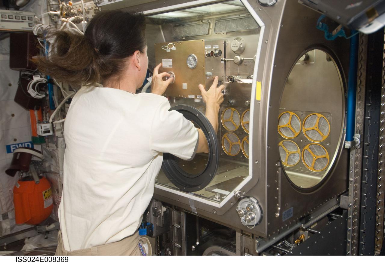 ISS024-E-008369 (14 July 2010)--- Astronaut Shannon Walker, Expedition 24 flight engineer, works on the Smoke Aerosol Measurement Experiment (SAME) inside the  Microgravity Science Glovebox (MSG) in the European laboratory Columbus on the International Space Station.