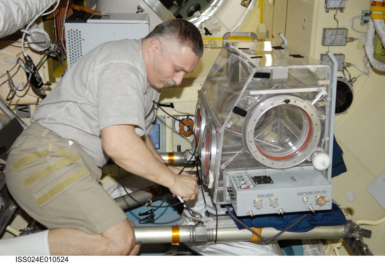 ISS024-E-010524 (3 Aug. 2010) --- Russian cosmonaut Fyodor Yurchikhin, Expedition 24 flight engineer, prepares the Russian Glavboks-S (Glovebox) for the bioscience experiment ASEPTIC (BTKh-39) in the Poisk Mini-Research Module 2 (MRM2) of the International Space Station.