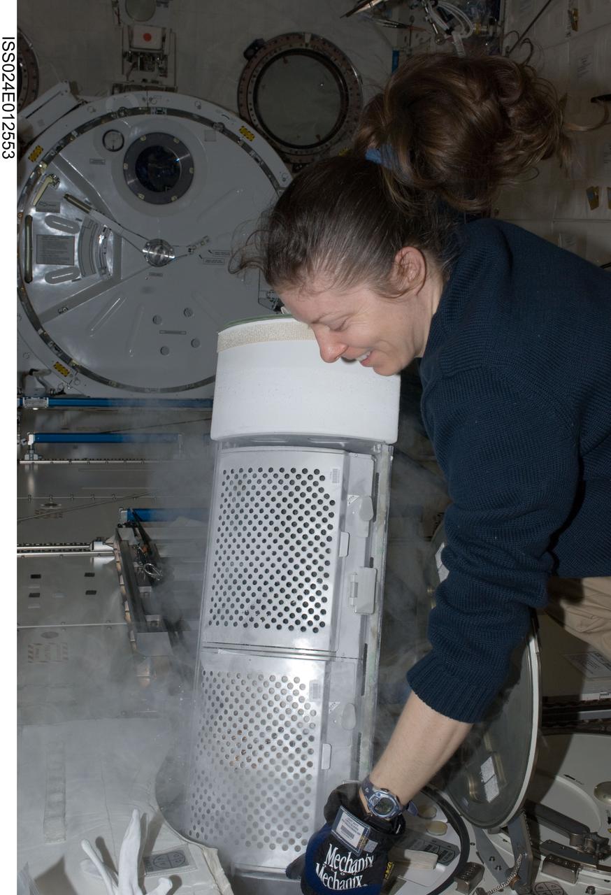 ISS024-E-012553 (26 Aug. 2010) --- NASA astronaut Tracy Caldwell Dyson, Expedition 24 flight engineer, replaces a dewar tray containing biological samples in the Minus Eighty Laboratory Freezer for ISS (MELFI-1) in the Kibo laboratory of the International Space Station.