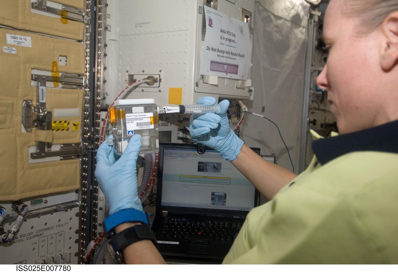 ISS025-E-007780 (18 Oct. 2010) --- NASA astronaut Shannon Walker, Expedition 25 flight engineer, works with the Japan Aerospace Exploration Agency (JAXA) experiment HydroTropi (Hydrotropism & Auxin-Inducible Gene Expression in Roots Grown under Microgravity Conditions) in the Kibo laboratory of the International Space Station.