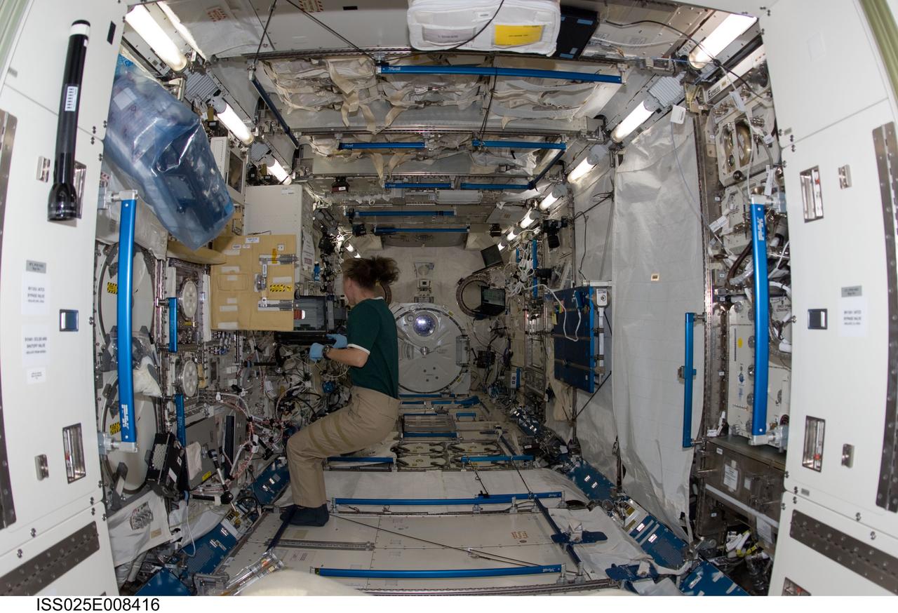 ISS025-E-008416 (21 Oct. 2010) --- NASA astronaut Shannon Walker, Expedition 25 flight engineer, uses a computer while working at the Cell Biology Experiment Facility (CBEF) in the Kibo laboratory of the International Space Station.