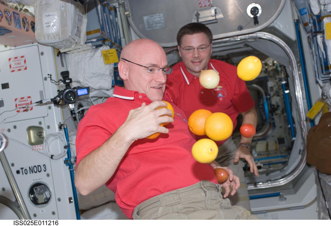 ISS025-E-011216 (3 Nov. 2010) --- NASA astronauts Doug Wheelock (background), Expedition 25 commander; and Scott Kelly, flight engineer, are pictured near fresh fruit floating freely in the Unity node of the International Space Station.