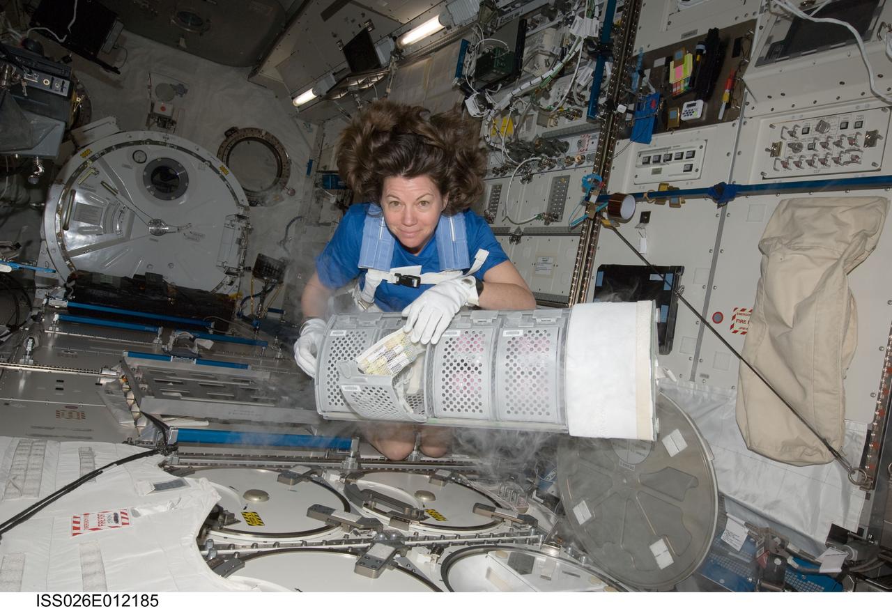 ISS026-E-012185 (26 Dec. 2010) --- NASA astronaut Catherine (Cady) Coleman, Expedition 26 flight engineer, services the Minus Eighty Laboratory Freezer for ISS (MELFI-1) in the Kibo laboratory of the International Space Station.