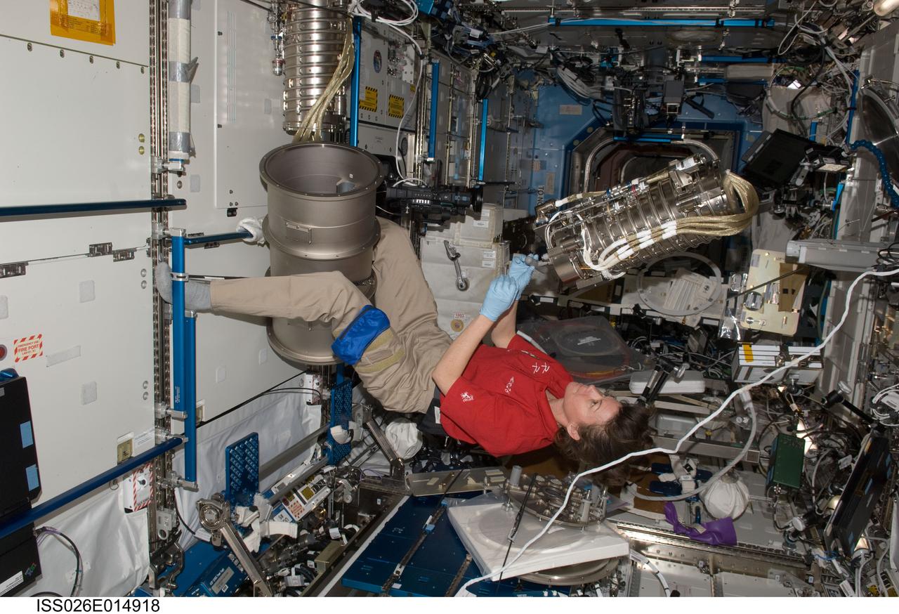 ISS026-E-014918 (4 Jan. 2011) --- NASA astronaut Catherine (Cady) Coleman, Expedition 26 flight engineer, removes the Low Gradient Furnace (LGF) and installs the Solidification and Quench Furnace (SQF) in the Material Science Laboratory (MSL) in the Destiny laboratory of the International Space Station.