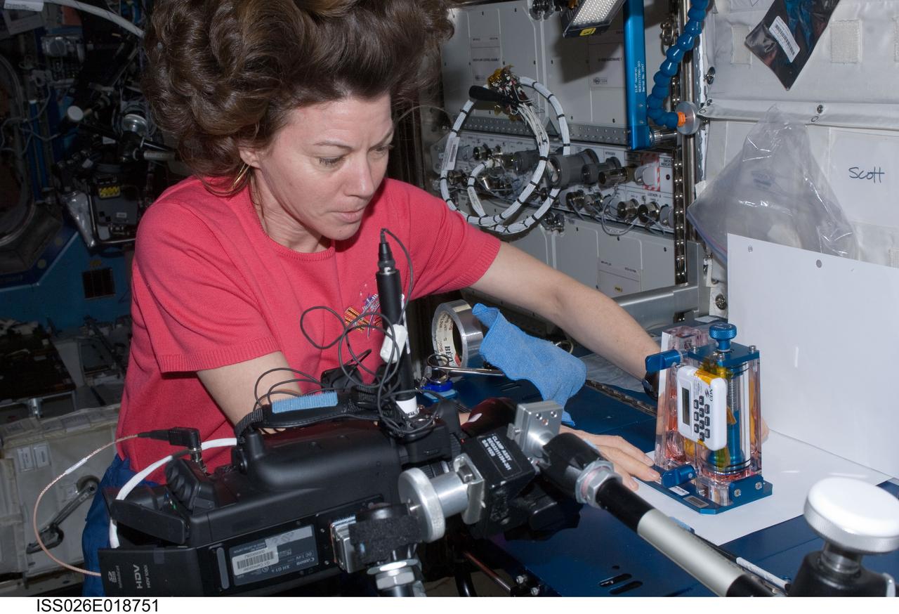 ISS026-E-018751 (18 Jan. 2011) --- NASA astronaut Catherine (Cady) Coleman, Expedition 26 flight engineer, performs a Capillary Flow Experiment (CFE) Interior Corner Flow 2 (ICF-2) test. The CFE is positioned on a Maintenance Work Area in the Destiny laboratory of the International Space Station. CFE observes the flow of fluid, in particular capillary phenomena, in microgravity.