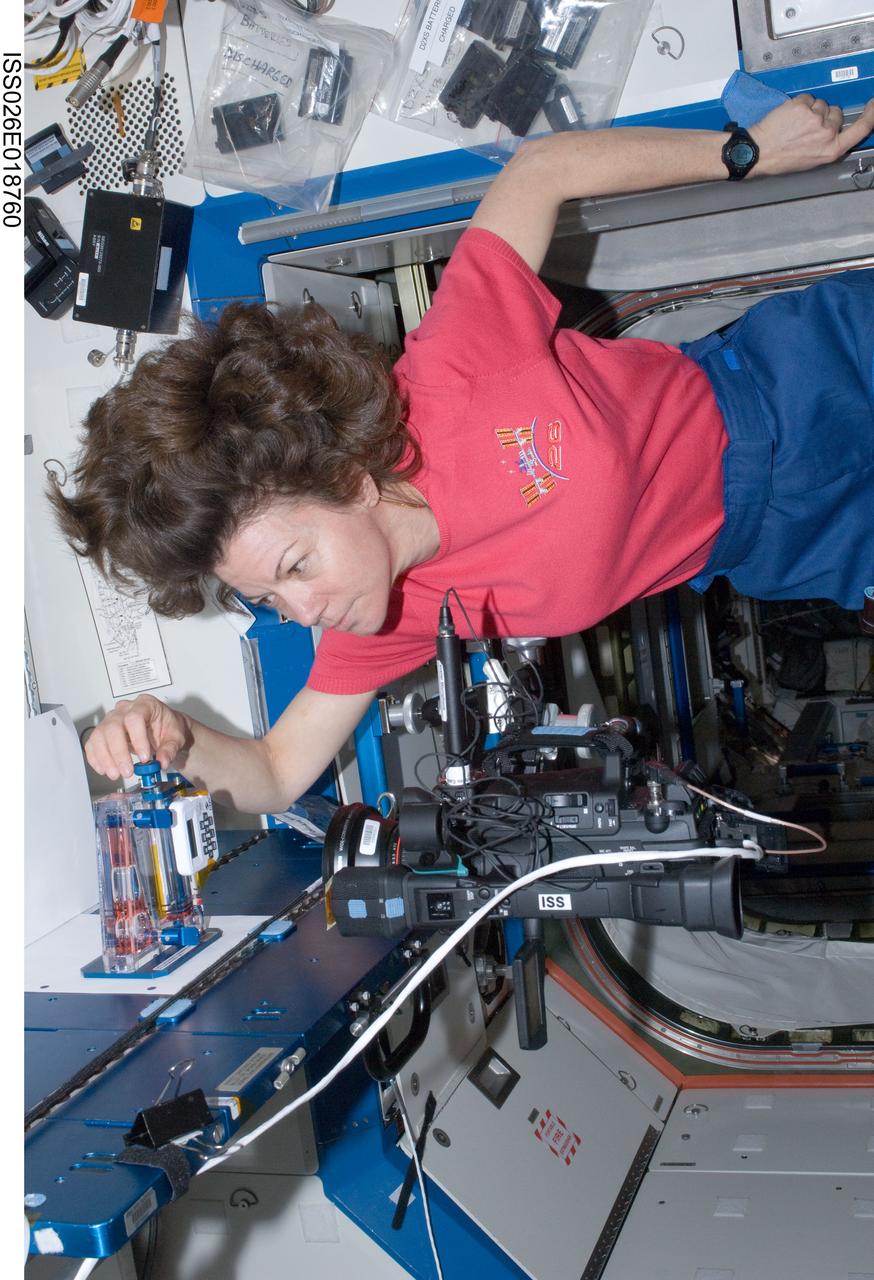 ISS026-E-018760 (18 Jan. 2011) --- NASA astronaut Catherine (Cady) Coleman, Expedition 26 flight engineer, performs a Capillary Flow Experiment (CFE) Interior Corner Flow 2 (ICF-2) test. The CFE is positioned on a Maintenance Work Area in the Destiny laboratory of the International Space Station. CFE observes the flow of fluid, in particular capillary phenomena, in microgravity.