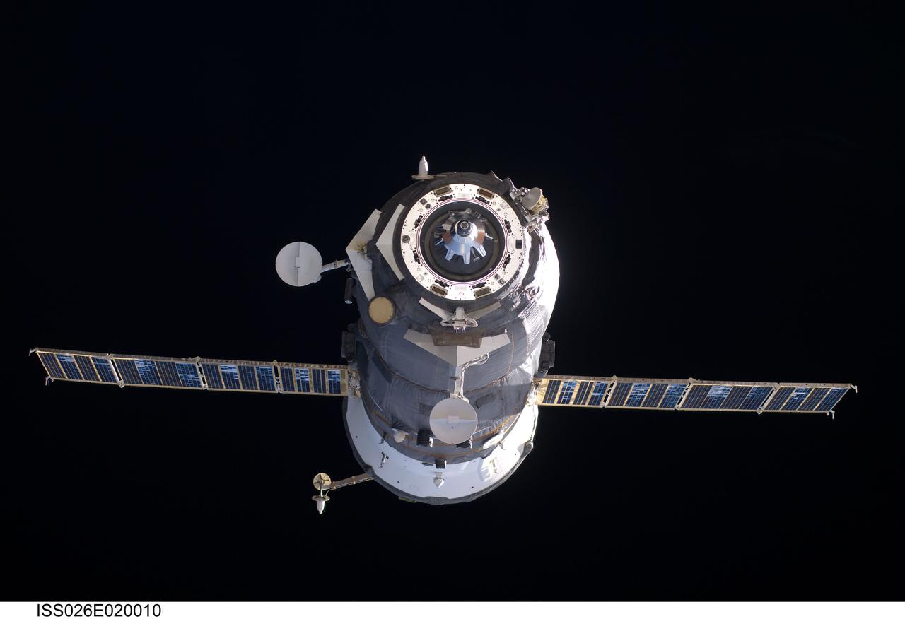 ISS026-E-020010 (23 Jan. 2011) --- The unpiloted ISS Progress 40 supply vehicle departs from the International Space Station at 7:43 p.m. (EST) on Jan. 23, 2011. Filled with trash and discarded items, Progress 40 will be used for scientific experiments until it is deorbited and burned up in Earth's atmosphere. Its departure clears the way for the arrival of the next Russian resupply vehicle, ISS Progress 41, which is scheduled to launch at 8:31 p.m. (EST) on Jan. 27 and dock to the space station on Jan. 29, delivering three tons of food, fuel and supplies for the Expedition 26 crew.