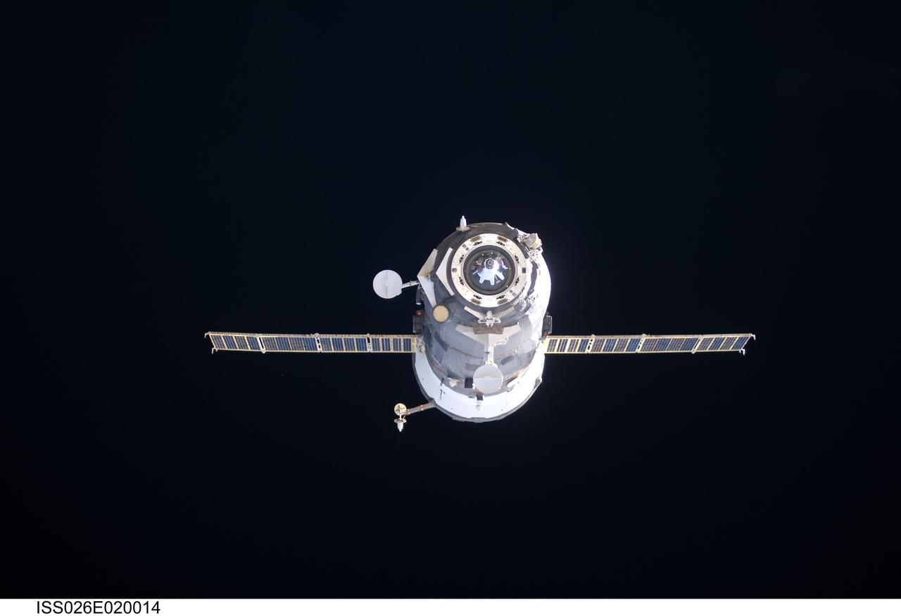 ISS026-E-020014 (23 Jan. 2011) --- The unpiloted ISS Progress 40 supply vehicle departs from the International Space Station at 7:43 p.m. (EST) on Jan. 23, 2011. Filled with trash and discarded items, Progress 40 will be used for scientific experiments until it is deorbited and burned up in Earth's atmosphere. Its departure clears the way for the arrival of the next Russian resupply vehicle, ISS Progress 41, which is scheduled to launch at 8:31 p.m. (EST) on Jan. 27 and dock to the space station on Jan. 29, delivering three tons of food, fuel and supplies for the Expedition 26 crew.