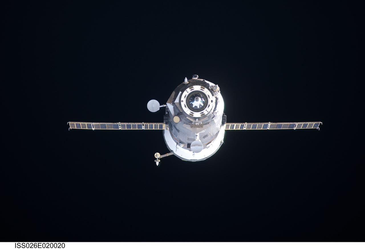 ISS026-E-020020 (23 Jan. 2011) --- The unpiloted ISS Progress 40 supply vehicle departs from the International Space Station at 7:43 p.m. (EST) on Jan. 23, 2011. Filled with trash and discarded items, Progress 40 will be used for scientific experiments until it is deorbited and burned up in Earth's atmosphere. Its departure clears the way for the arrival of the next Russian resupply vehicle, ISS Progress 41, which is scheduled to launch at 8:31 p.m. (EST) on Jan. 27 and dock to the space station on Jan. 29, delivering three tons of food, fuel and supplies for the Expedition 26 crew.