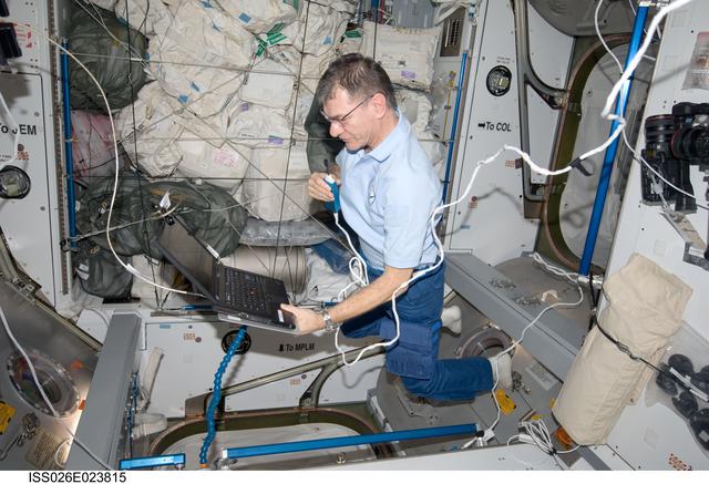 NASA image: Nespoli uses laptop computer in the Node 2