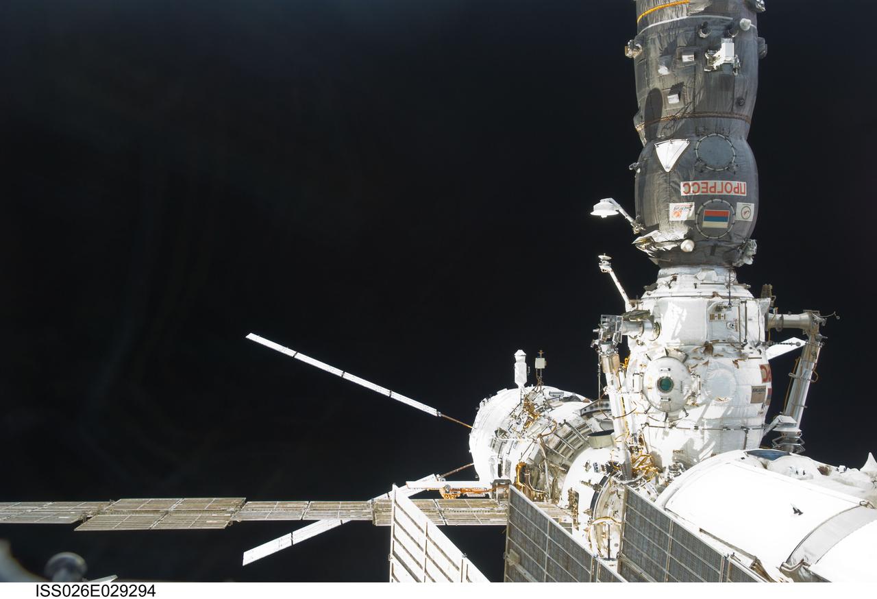 ISS026-E-029294 (24 Feb. 2011) --- Backdropped by the blackness of space, the European Space Agency's "Johannes Kepler" Automated Transfer Vehicle-2 (ATV-2) docks to the aft end of the International Space Station's Zvezda Service Module. Docking of the two spacecraft occurred at 10:59 a.m. (EST) on Feb. 24, 2011.