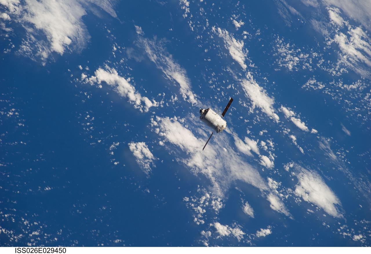 ISS026-E-029450 (24 Feb. 2011) --- Backdropped by a blue and white part of Earth, the European Space Agency's "Johannes Kepler" Automated Transfer Vehicle-2 (ATV-2) approaches the International Space Station. Docking of the two spacecraft occurred at 10:59 a.m. (EST) on Feb. 24, 2011.