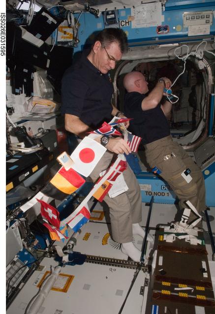 NASA image: Nespoli works with flags of the International Partners