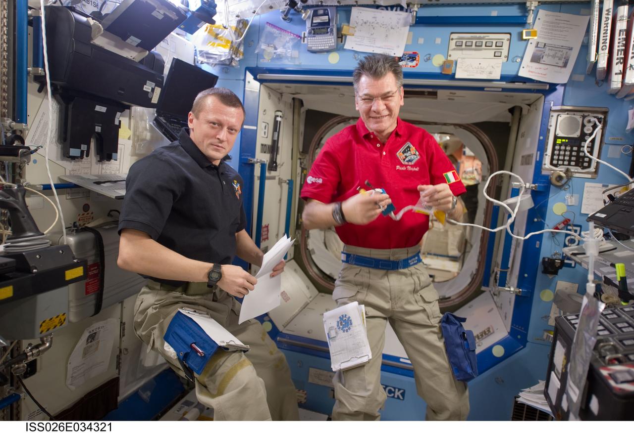 ISS026-E-034321 (15 March 2011) --- Russian cosmonaut Dmitry Kondratyev (left), Expedition 27 commander; and European Space Agency astronaut Paolo Nespoli, Expedition 26/27 flight engineer, are pictured in the Destiny laboratory of the International Space Station.