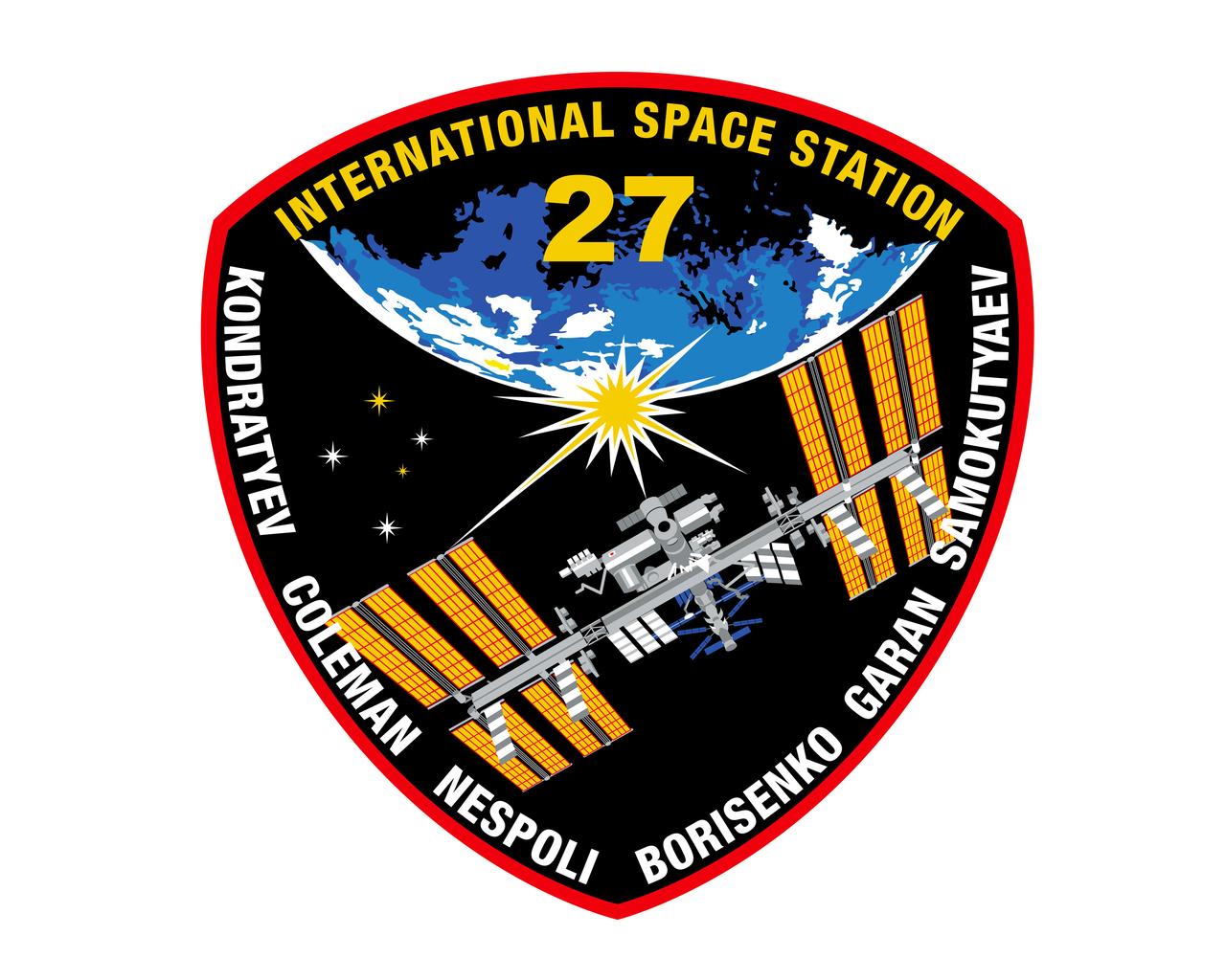 ISS027-S-001 (August 2010) --- The Expedition 27 patch depicts the International Space Station (ISS) prominently orbiting Earth, continuing its mission for science, technology and education. The ISS is an ever-present reminder of the cooperation between the United States, Russia, Japan, Canada, and the European Space Agency (ESA) ? and of the scientific, technical, and cultural achievements that have resulted from that unique teamwork.  The ISS is shown in its completed status with the latest addition of the Alpha Magnetic Spectrometer (AMS), and with two resupply vehicles docked at each end of the station. The Southern Cross Constellation is also show in the foreground and its five stars, along with the sun, symbolize the six international crew members that live and work on the space station.  The Southern Cross is one of the smallest modern constellations, and also one of the most distinctive.  It has cultural significance all over the world and inspires teams to push the boundaries of their worlds, both in space and on the ground.    The NASA insignia design for shuttle and space station flights is reserved for use by the astronauts and for other official use as the NASA Administrator may authorize. Public availability has been approved only in the form of illustrations by the various news media. When and if there is any change in this policy, which is not anticipated, it will be publicly announced.