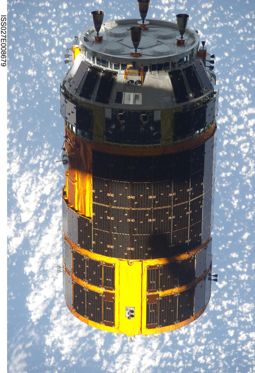 ISS027-E-008679 (28 March 2011) --- Backdropped by a blue and white part of Earth, the unpiloted Japan Aerospace Exploration Agency?s Kounotori2 H-II Transfer Vehicle (HTV2), filled with trash and unneeded items, departs from the International Space Station. NASA astronaut Cady Coleman and European Space Agency astronaut Paolo Nespoli, both Expedition 27 flight engineers, used the station?s robot arm to grapple the HTV2 and unberth it from the Earth-facing port of the Harmony node. The cargo craft was released at 11:46 a.m. (EDT) on March 28, 2011.