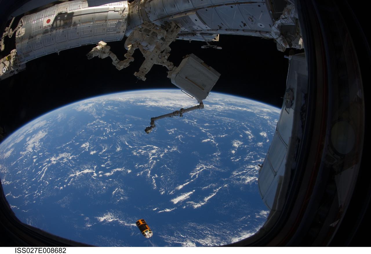 ISS027-E-008682 (28 March 2011) --- A fish-eye lens attached to an electronic still camera was used to capture this image of the unpiloted Japan Aerospace Exploration Agency?s Kounotori2 H-II Transfer Vehicle (HTV2), filled with trash and unneeded items, as it departs from the International Space Station. NASA astronaut Cady Coleman and European Space Agency astronaut Paolo Nespoli, both Expedition 27 flight engineers, used the station?s robot arm to grapple the HTV2 and unberth it from the Earth-facing port of the Harmony node. The cargo craft was released at 11:46 a.m. (EDT) on March 28, 2011.