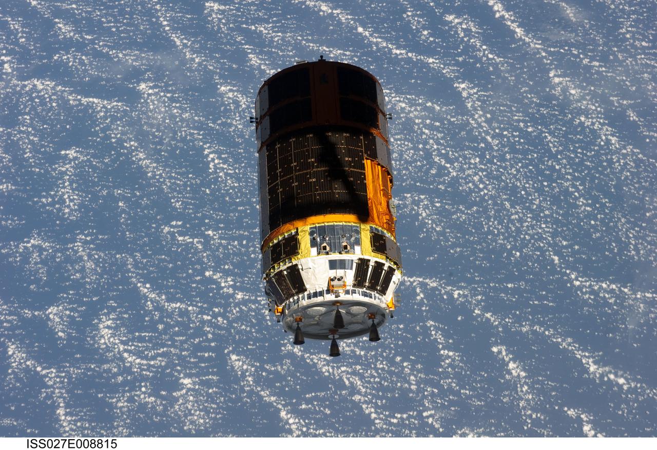 ISS027-E-008815 (28 March 2011) --- Backdropped by a blue and white part of Earth, the unpiloted Japan Aerospace Exploration Agency?s Kounotori2 H-II Transfer Vehicle (HTV2), filled with trash and unneeded items, departs from the International Space Station. NASA astronaut Cady Coleman and European Space Agency astronaut Paolo Nespoli, both Expedition 27 flight engineers, used the station?s robot arm to grapple the HTV2 and unberth it from the Earth-facing port of the Harmony node. The cargo craft was released at 11:46 a.m. (EDT) on March 28, 2011.