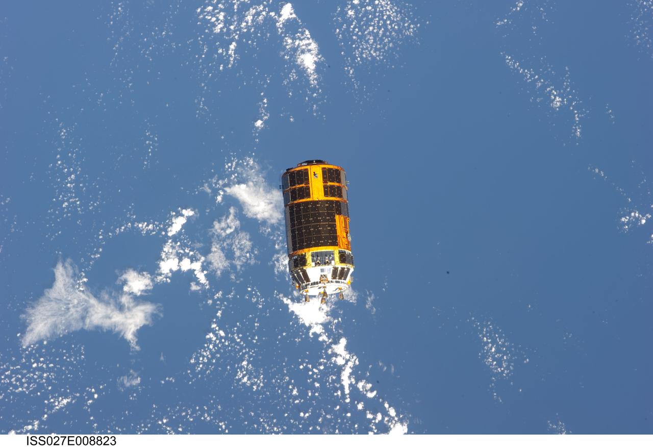 ISS027-E-008823 (28 March 2011) --- Backdropped by a blue and white part of Earth, the unpiloted Japan Aerospace Exploration Agency?s Kounotori2 H-II Transfer Vehicle (HTV2), filled with trash and unneeded items, departs from the International Space Station. NASA astronaut Cady Coleman and European Space Agency astronaut Paolo Nespoli, both Expedition 27 flight engineers, used the station?s robot arm to grapple the HTV2 and unberth it from the Earth-facing port of the Harmony node. The cargo craft was released at 11:46 a.m. (EDT) on March 28, 2011.