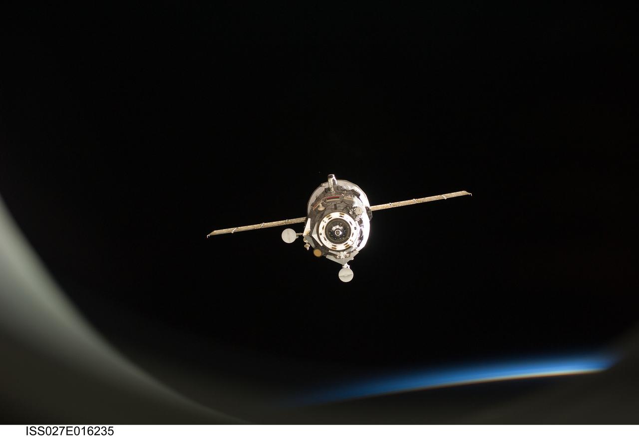 ISS027-E-016235 (22 April 2011) --- The unpiloted ISS Progress 41 supply vehicle departs from the International Space Station at 7:41 a.m. (EDT) on April 22, 2011. Filled with trash and discarded items, Progress 41 will remain in orbit a safe distance from the station for engineering tests before being commanded by flight controllers to descend to a destructive re-entry into Earth’s atmosphere over the Pacific Ocean. The departure of Progress 41 clears the way for the next unpiloted supply ship, ISS Progress 42, which is set to launch April 27 from the Baikonur Cosmodrome in Kazakhstan, delivering three tons of food, fuel and supplies for the Expedition 27 crew.