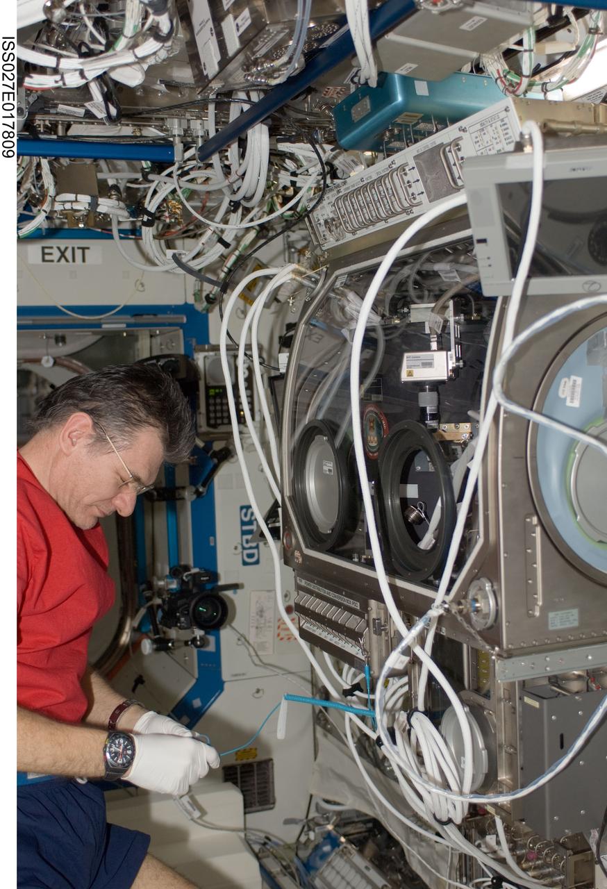 ISS027-E-017809 (28 April 2011) --- European Space Agency astronaut Paolo Nespoli, Expedition 27 flight engineer, works with the Microgravity Science Glovebox (MSG) in the Destiny laboratory of the International Space Station.