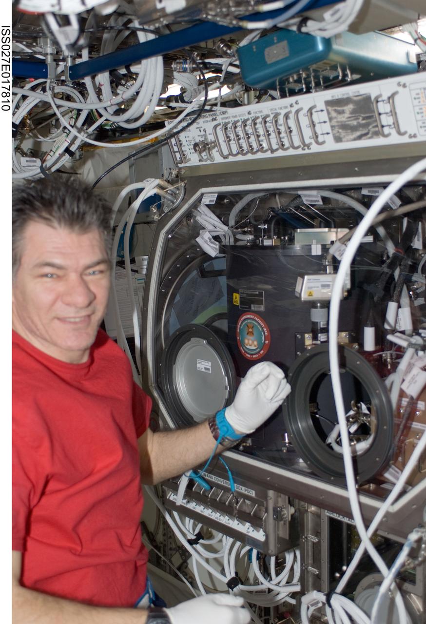 ISS027-E-017810 (28 April 2011) --- European Space Agency astronaut Paolo Nespoli, Expedition 27 flight engineer, works with the Microgravity Science Glovebox (MSG) in the Destiny laboratory of the International Space Station.