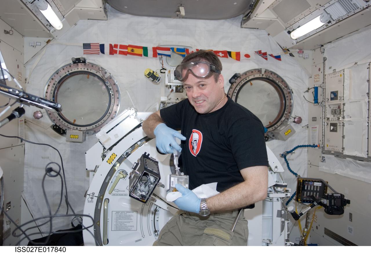 ISS027-E-017840 (28 April 2011) --- NASA astronaut Ron Garan, Expedition 27 flight engineer, supports the Dynamism of Auxin Efflux Facilitators responsible for Gravity-regulated Growth and Development in Cucumber (CsPINs) experiment in the Kibo laboratory of the International Space Station. CsPINs studies the phenomenon of tropism, i.e., the growth or turning movement of a biological organism, usually a plant, in response to an environmental stimulus. Specifically focusing on gravity, the new JAXA life science experiment investigates how plants sense gravity as an environmental signal and use it for governing their morphology and growth orientation.