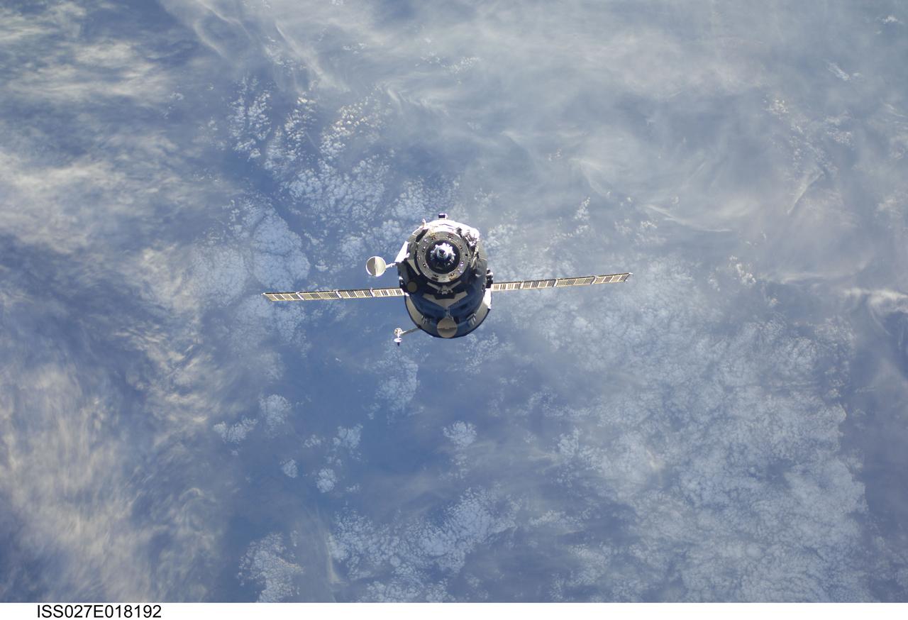 ISS027-E-018192 (29 April 2011) --- An unpiloted ISS Progress resupply vehicle approaches the International Space Station, carrying 1,940 pounds of propellant, 110 pounds of oxygen and air, 926 pounds of water and 2,976 pounds of maintenance hardware, experiment equipment and resupply items for the Expedition 27/28 crew. Progress 42 docked to the station’s Pirs docking compartment at 10:28 a.m. (EDT) on April 29, 2011.