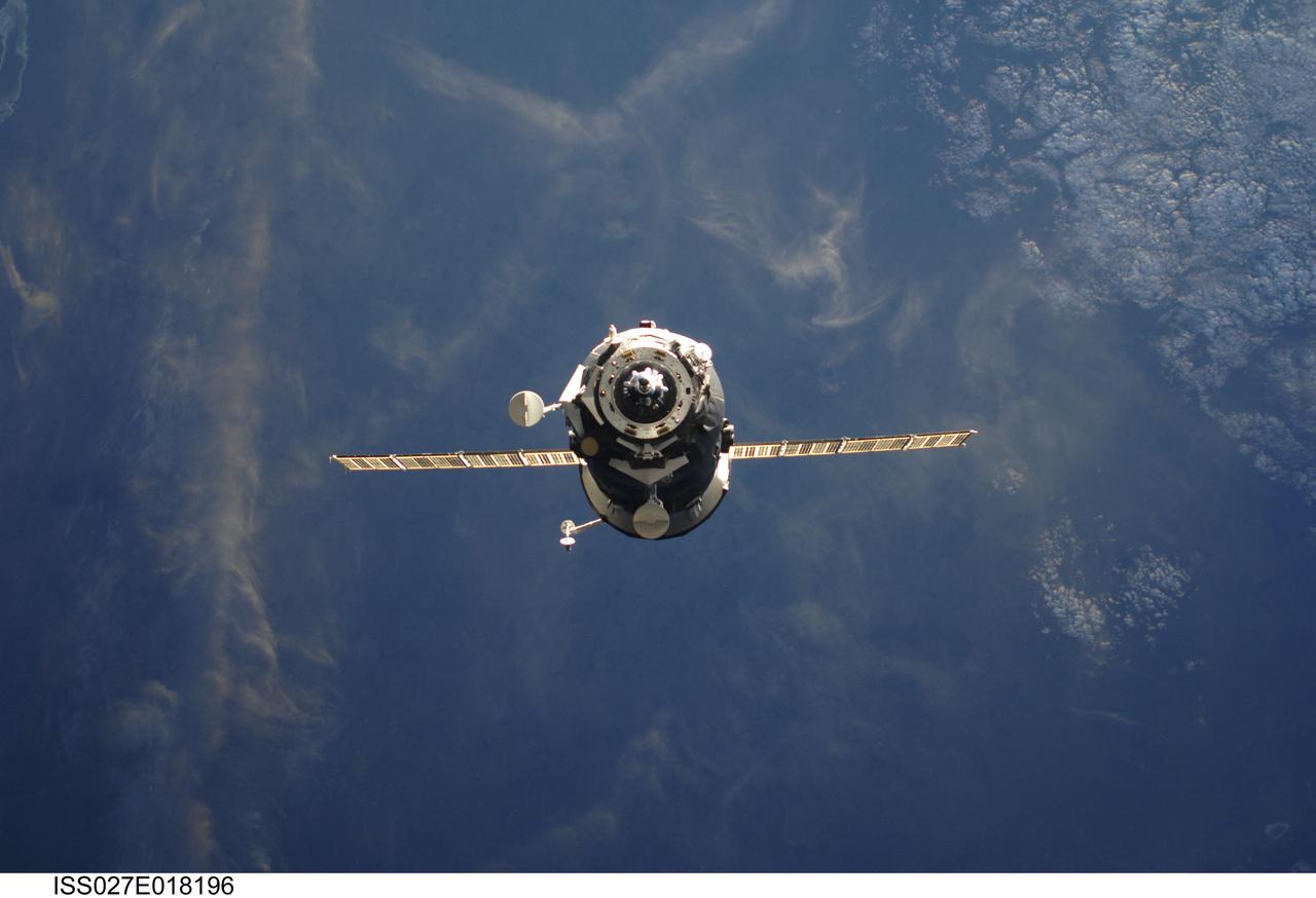 ISS027-E-018196 (29 April 2011) --- An unpiloted ISS Progress resupply vehicle approaches the International Space Station, carrying 1,940 pounds of propellant, 110 pounds of oxygen and air, 926 pounds of water and 2,976 pounds of maintenance hardware, experiment equipment and resupply items for the Expedition 27/28 crew. Progress 42 docked to the station’s Pirs docking compartment at 10:28 a.m. (EDT) on April 29, 2011.