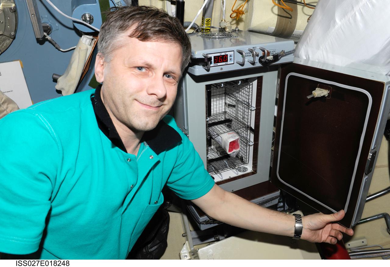 ISS027-E-018248 (29 April 2011) --- Russian cosmonaut Andrey Borisenko, Expedition 27 flight engineer, is pictured near the TBU-V thermostat-controlled incubator located in the Russian segment of the International Space Station.