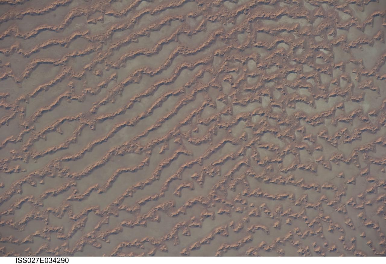 ISS027-E-034290 (16 May 2011) --- Ar Rub al Khali Sand Sea, Arabian Peninsula is featured in this image photographed by an Expedition 27 crew member on the International Space Station. The Ar Rub al Khali, also known as the “Empty Quarter”, is a large region of sand dunes and interdune flats known as a sand sea (or erg). This photograph highlights a part of the Ar Rub al Khali located close to its southeastern margin in the Sultanate of Oman. Reddish-brown, large linear sand dunes alternate with blue-gray interdune salt flats known as sabkhas at left. The major trend of the linear dunes is transverse to northwesterly trade winds that originate in Iraq (known as the Shamal winds). Formation of secondary barchan (crescent-shaped) and star dunes (dune crests in several directions originating from a single point, looking somewhat like a starfish from above) on the linear dunes is supported by southwesterly winds that occur during the monsoon season (Kharif winds). The long linear dunes begin to break up into isolated large star dunes to the northeast and east (right). This is likely a result of both wind pattern interactions and changes in the sand supply to the dunes. The Empty Quarter covers much of the south-central portion of the Arabian Peninsula, and with an area of approximately 660,000 square kilometers it is the largest continuous sand desert on Earth. The Empty Quarter is so called as the dominantly hyperarid climate and difficulty of travel through the dunes has not encouraged permanent settlement within the region. There is geological and archeological evidence to support cooler and wetter past climates in the region together with human settlement. This evidence includes exposed lakebed sediments, scattered stone tools, and the fossils of hippopotamus, water buffalo, and long-horned cattle.