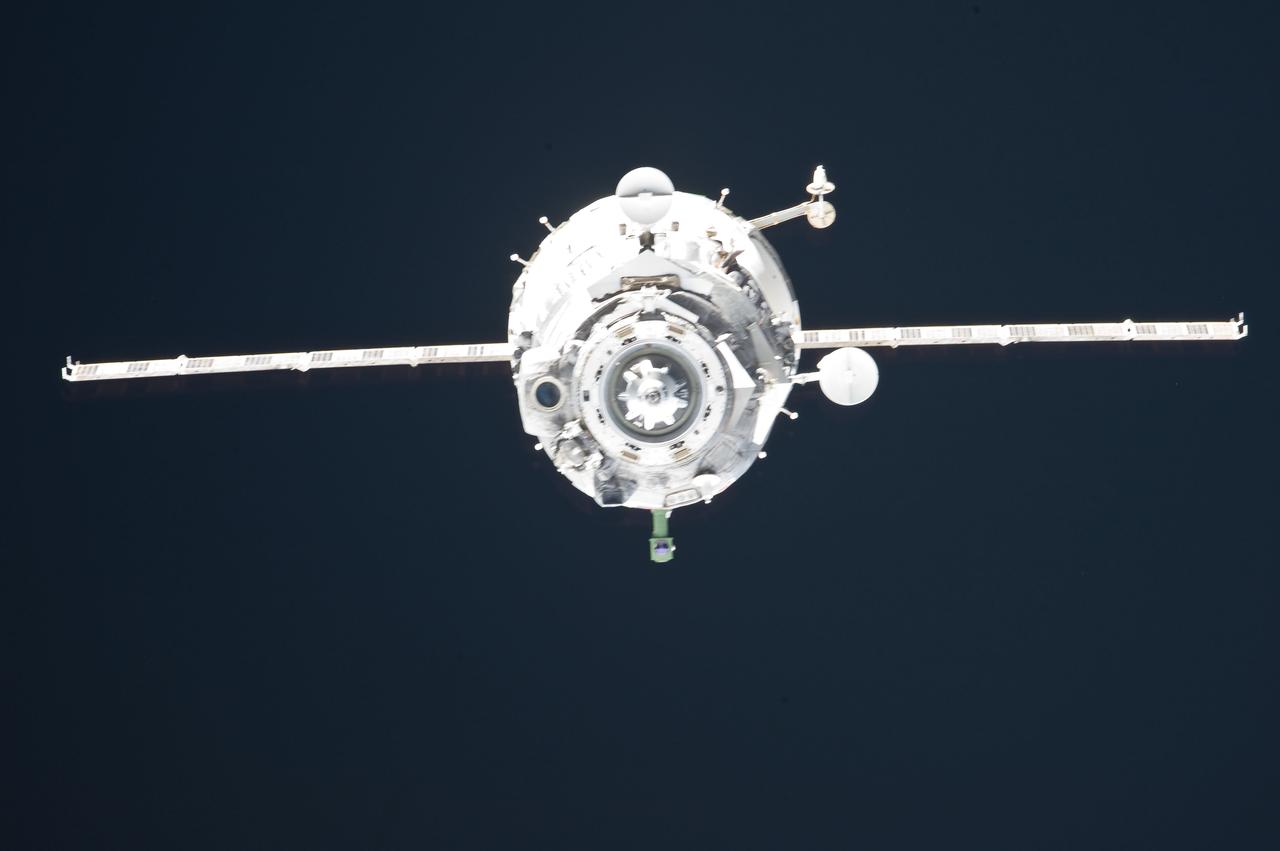 ISS028-E-005026 (23 May 2011) --- The Soyuz TMA-20 spacecraft departs from the International Space Station on May 23, 2011. Onboard are three members of Expedition 27 -- Russian cosmonaut Dmitry Kondratyev, Expedition 27 and Soyuz commander; NASA astronaut Cady Coleman and European Space Agency astronaut Paolo Nespoli, both flight engineers. Kondratyev was at the controls of the spacecraft as it undocked at 5:35 p.m. (EDT) from the station's Rassvet module. The crew landed safely at 10:27 p.m. southeast of the town of Dzhezkazgan, Kazakhstan.