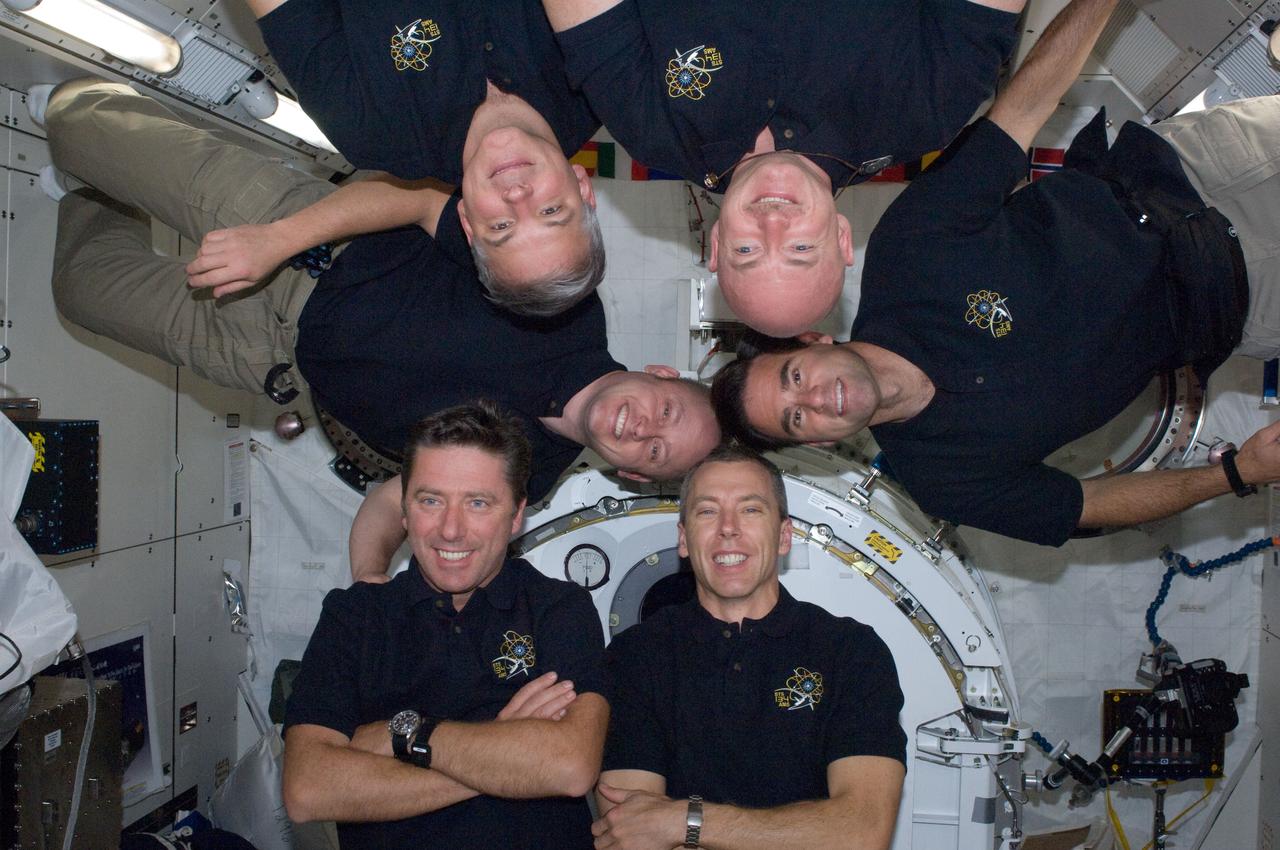 ISS028-E-005612 (26 May 2011) ---- The six member crew for space shuttle Endeavour?s final mission poses for an STS-134  in-flight crew portrait in the Japan Aerospace Exploration Agency?s Kibo lab on the International Space Station.  NASA astronaut Scott Kelly is near Kibo?s ceiling in upper right. Clockwise from the commander are NASA astronauts Greg Chamitoff and Andrew Feustel,  European Space Agency astronaut Roberto Vittori, and NASA astronaut Michael Fincke, all mission specialists,  and  NASA astronaut Greg H. Johnson, pilot.