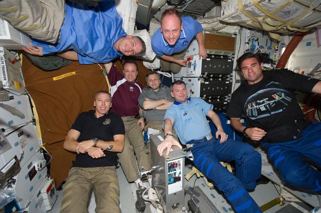 NASA image: View of STS-134 / Expedition 28 Crew Members on the Shuttle Middeck