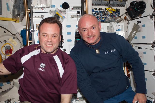 NASA image: View of STS-134 / Expedition 28 Crew Members on the Shuttle Middeck