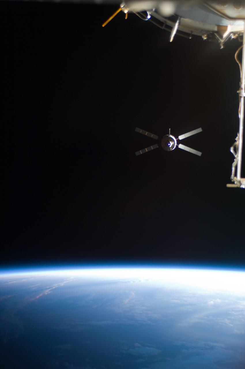 ISS028-E-008806 (20 June 2011) --- Backdropped by Earth?s horizon and the blackness of space, European Space Agency's (ESA) "Johannes Kepler" Automated Transfer Vehicle-2 (ATV-2) begins its relative separation from the International Space Station. The ATV-2 undocked from the aft port of the Zvezda Service Module at 10:46 a.m. (EDT) on June 20, 2011.