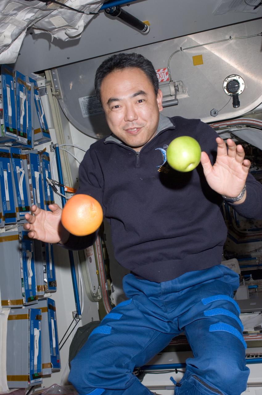 ISS028-E-012570 (1 July 2011) --- Japan Aerospace Exploration Agency astronaut Satoshi Furukawa, Expedition 28 flight engineer, is pictured near fresh fruit floating freely in the Unity node of the International Space Station.