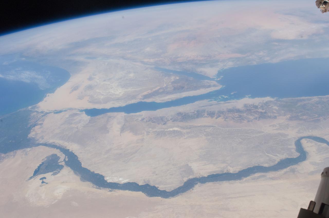 ISS028-E-014970 (10 July 2011) --- One of the crewmembers aboard the International Space Station recorded this oblique view showing the Nile River Delta and the Sinai Peninsula, with a 28 millimeter lens. The Mediterranean Coast is at far left.