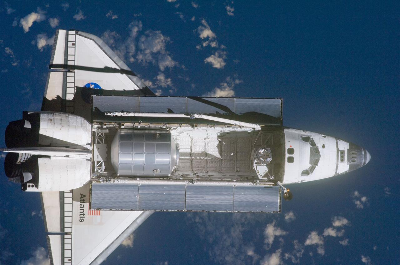 ISS028-E-015565 (10 July 2011) --- A nadir view of the space shuttle Atlantis and its payload was provided by one of a series of images showing various parts of the shuttle in Earth orbit. Seen at the rear of the cargo bay is the Raffaello multi-purpose logistics module, packed with supplies and spare parts for the International Space Station. The series was photographed by one of three crewmembers -- half the station crew -- who were equipped with still cameras on the orbiting outpost as the shuttle “posed” for photos and visual surveys and performed a back-flip for the rendezvous pitch maneuver (RPM). A 400 millimeter lens was used to capture this particular series of images.