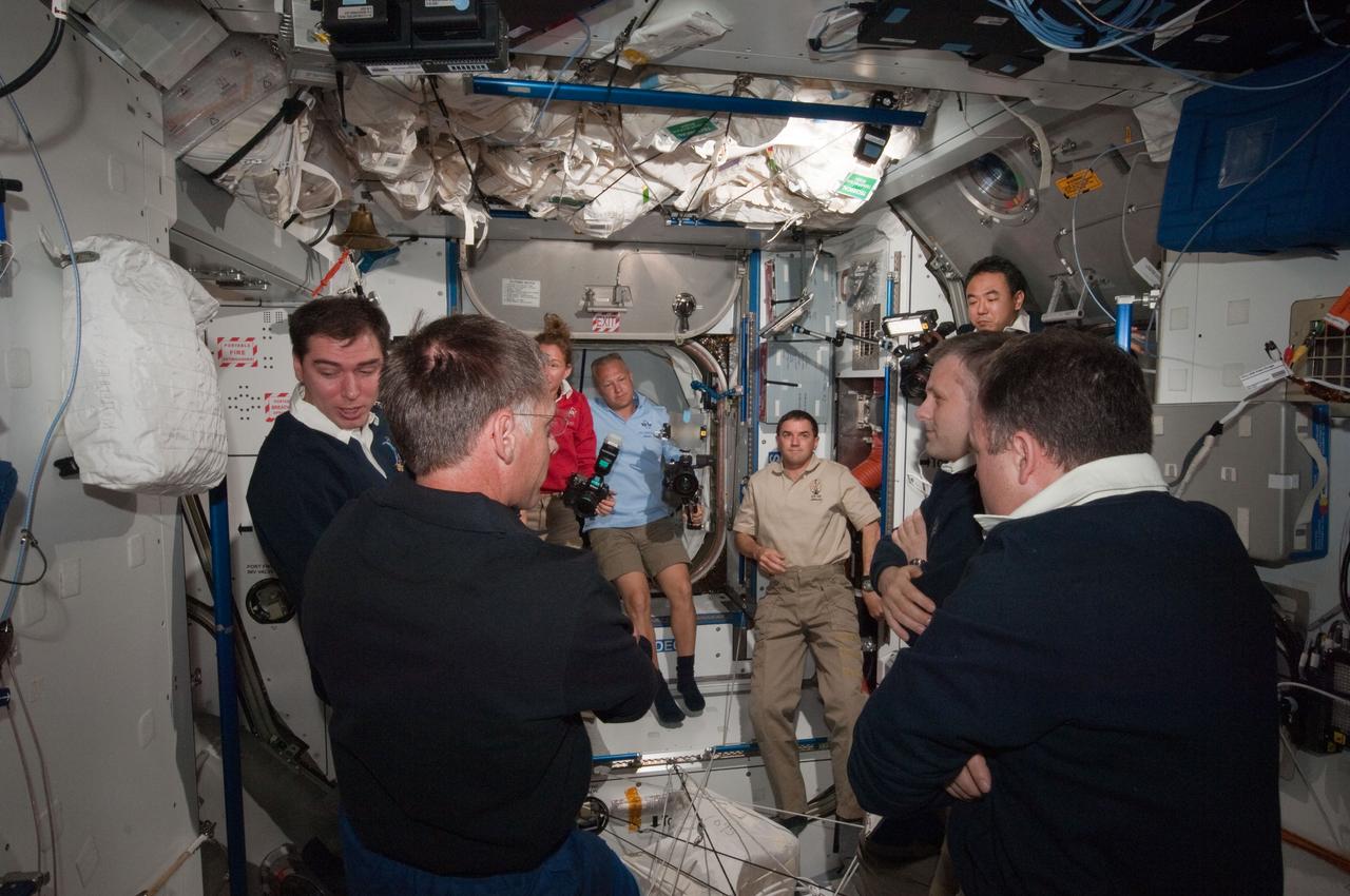 ISS028-E-015866 (10 July 2011) --- This view captures a reunion among six NASA astronauts, three Russian cosmonauts and a Japanese astronaut in the International Space Station's U.S. Node 2 or Harmony following a July 10 docking of the space shuttle Atlantis and the station. Clockwise from lower left corner are NASA astronaut Chris Ferguson, Russian cosmonaut Sergei Volkov, and NASA astronauts Sandy Magnus, Doug Hurley and Rex Walheim; Japan Aerospace Exploration Agency astronaut Satoshi Furukawa, Russian cosmonaut Andrey Borisenko and NASA astronaut Ron Garan. Not pictured in the frame are NASA astronaut Mike Fossum and Russian cosmonaut Alexander Samokutyaev. Four of the ten space travelers are from STS-135 -- the final crew of the Space Shuttle Program -? and six are serving long terms on the station.