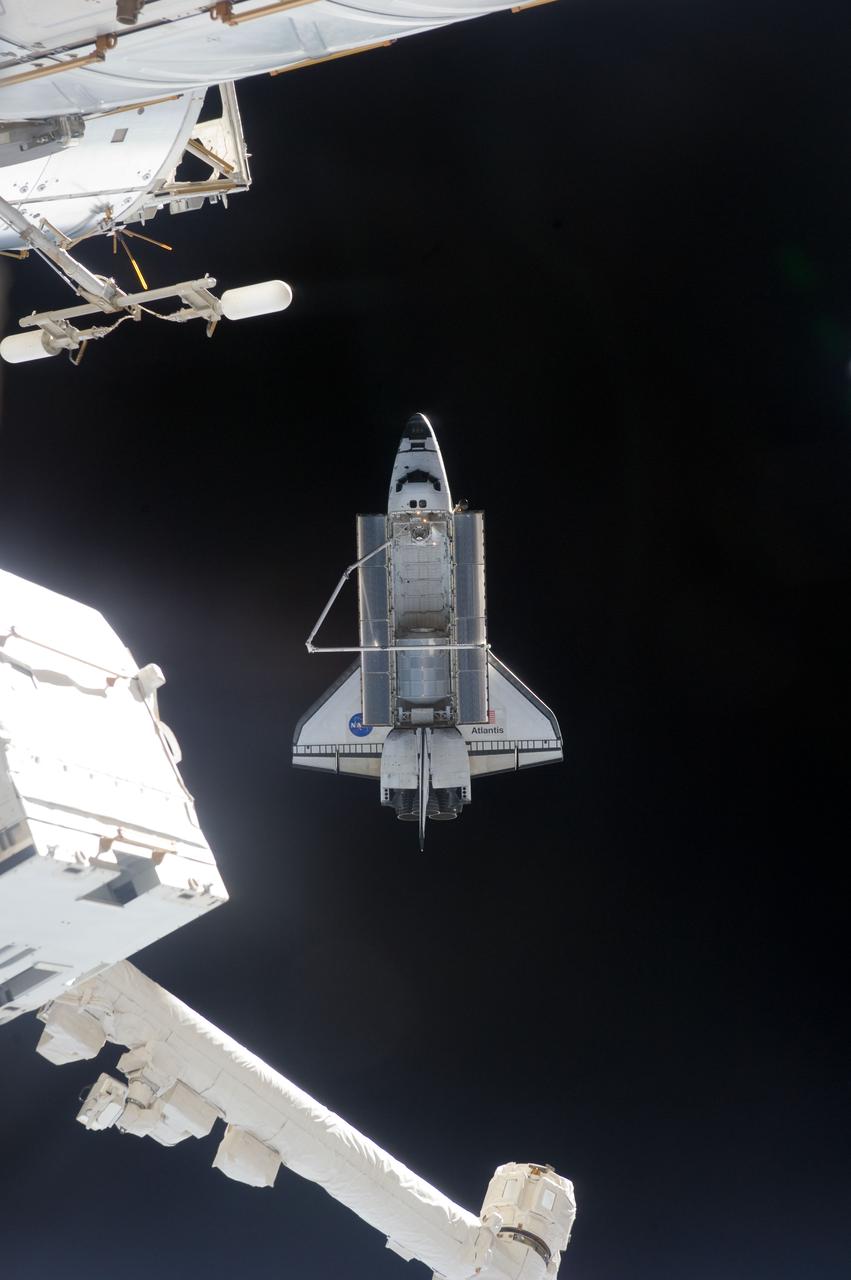 ISS028-E-018032 (19 July 2011) --- This picture of the space shuttle Atlantis was photographed from the International Space Station as the orbiting complex and the shuttle performed their relative separation in the early hours of July 19, 2011. The Raffaello multi-purpose logistics module, which transported tons of supplies to the complex, can be seen in the cargo bay. It is filled with different materials from the station for return to Earth. Onboard the station were Russian cosmonauts Andrey Borisenko, Expedition 28 commander; Sergei Volkov and Alexander Samokutyaev, both flight engineers; Japan Aerospace Exploration astronaut Satoshi Furukawa, and NASA astronauts Mike Fossum and Ron Garan, all flight engineers. Onboard the shuttle were NASA astronauts Chris Ferguson, STS-135 commander; Doug Hurley, pilot; Sandy Magnus and Rex Walheim, both mission specialists.