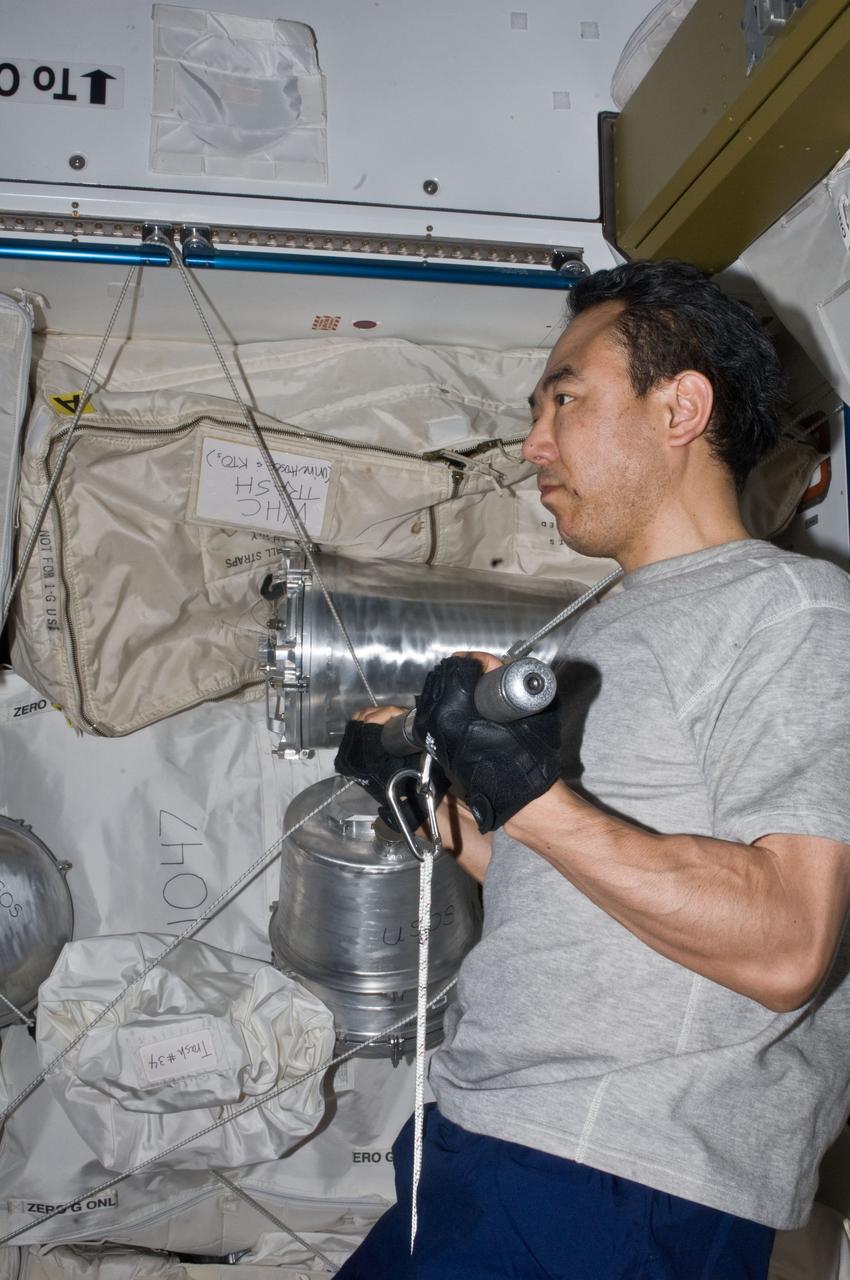 ISS028-E-019507 (30 July 2011) --- Japan Aerospace Exploration Agency astronaut Satoshi Furukawa, Expedition 28 flight engineer, uses the short bar for the advanced Resistive Exercise Device (aRED) equipment to perform upper body strengthening pull-ups in the Tranquility node of the International Space Station.