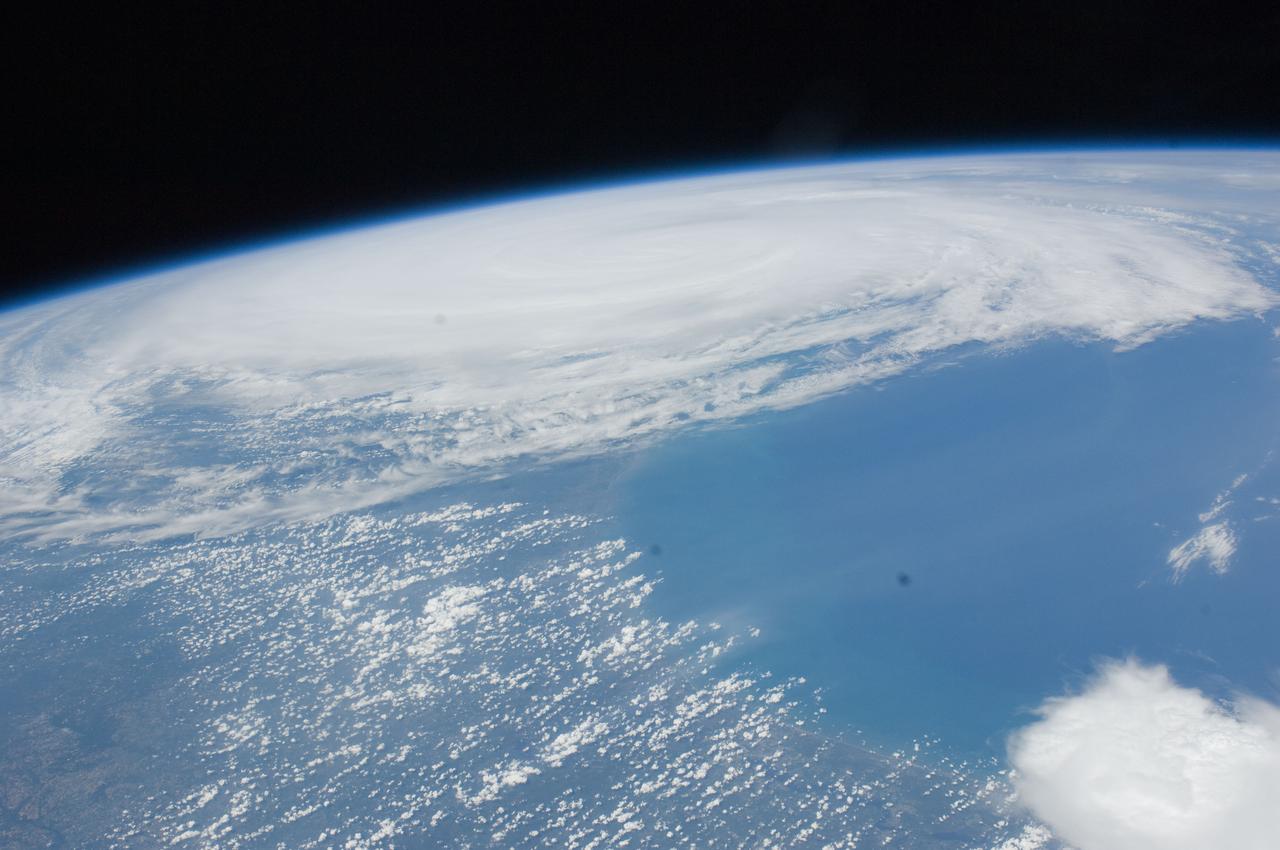 ISS028-E-034008 (27 Aug. 2011) --- Some seven hours after Hurricane Irene?s initial landfall at Cape Hatteras, NC, one of the Expedition 28 crew members aboard the International Space Station photographed this image, one of a series following the hurricane?s destructive path along the east coast.