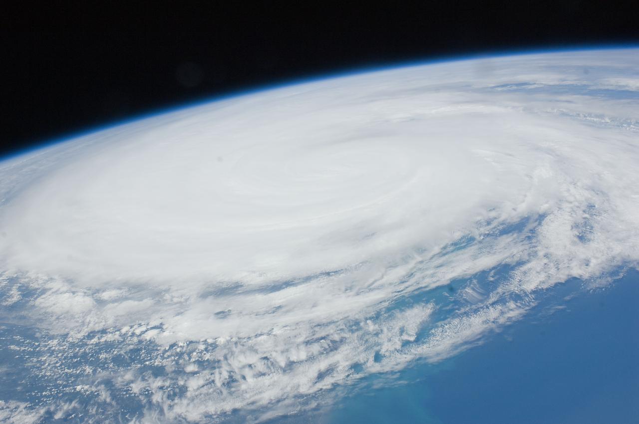 ISS028-E-034022 (27 Aug. 2011) --? One of the Expedition 28 crew members aboard the International Space Station photographed this panoramic view of Hurricane Irene looking northeastward from Florida over the open Atlantic on the afternoon of the day before it struck the Cape Hatteras, North Carolina area as a Category 2 storm.
