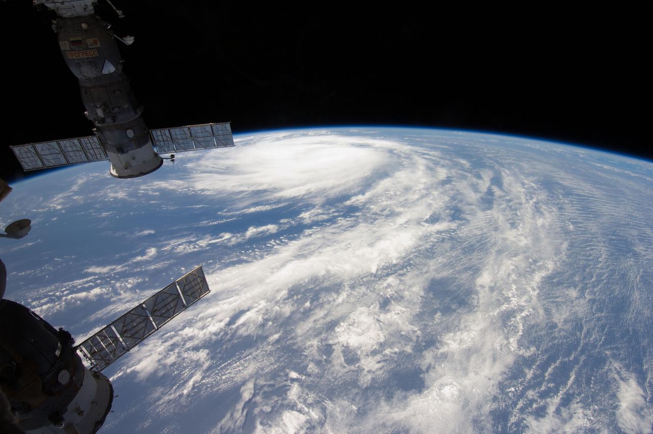 ISS028-E-035404 (31 Aug. 2011) --- Katia was a tropical storm gathering energy over the Atlantic Ocean when one of the Expedition 28 crew members took this high oblique photo on Aug. 31 from aboard the International Space Station. The picture, taken with a 12-mm focal length, was captured at 14:10:07 GMT. Later in the day Katia was upgraded to hurricane status. Two Russian spacecraft -- a Progress and a Soyuz -- can be seen parked at the orbital outpost on the left side of the frame.