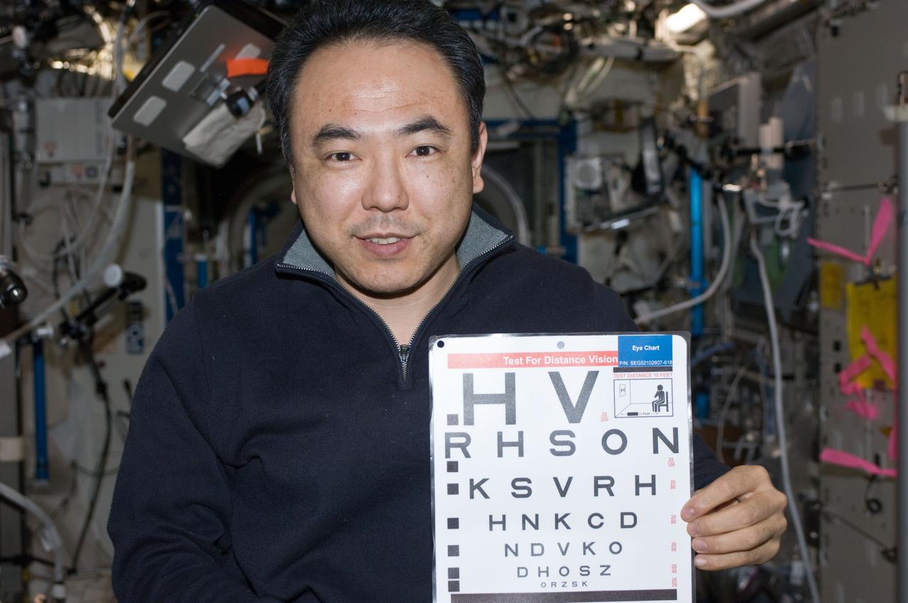 ISS028-E-046354 (13 Sept. 2011) --- Japan Aerospace Exploration Agency astronaut Satoshi Furukawa, Expedition 28 flight engineer, holds an eye chart in the Destiny laboratory of the International Space Station.
