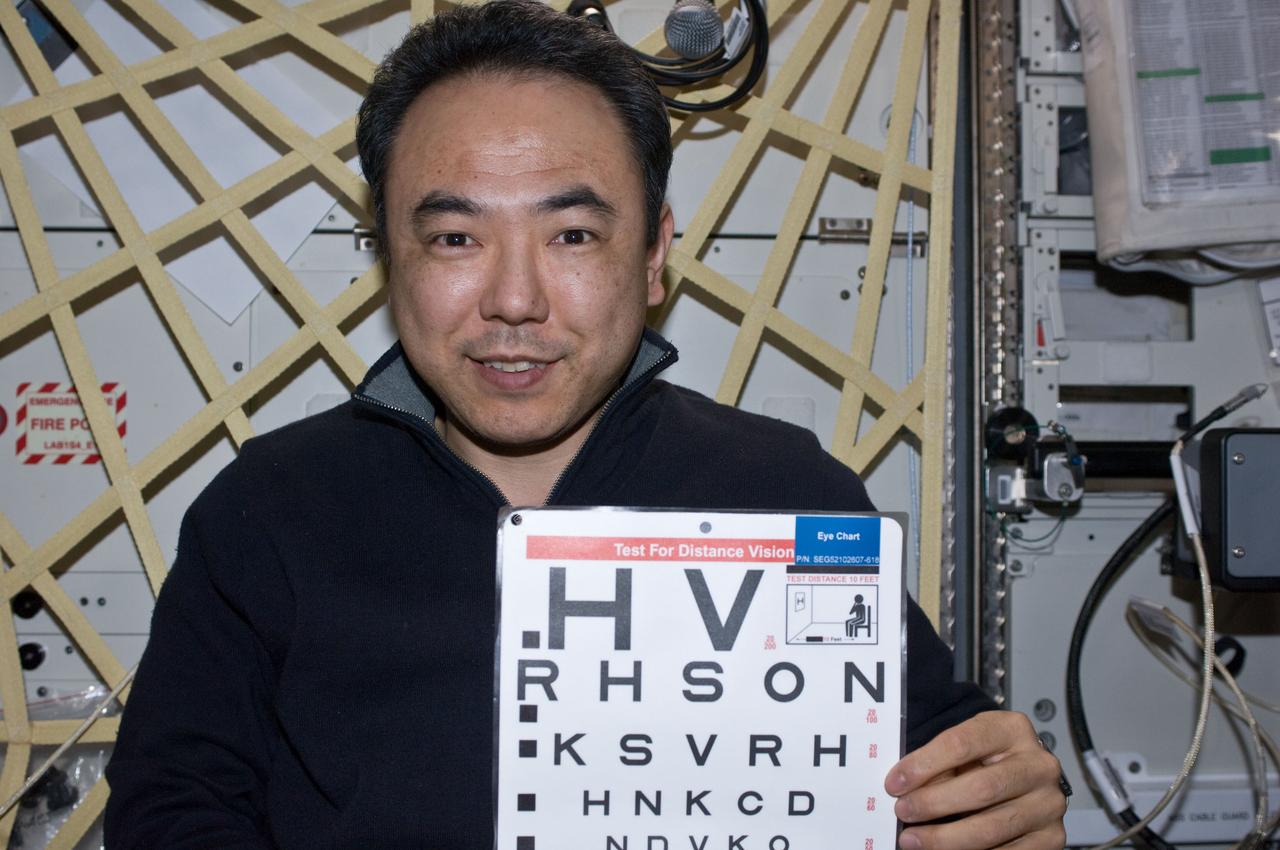 ISS028-E-046356 (13 Sept. 2011) --- Japan Aerospace Exploration Agency astronaut Satoshi Furukawa, Expedition 28 flight engineer, holds an eye chart in the Destiny laboratory of the International Space Station.