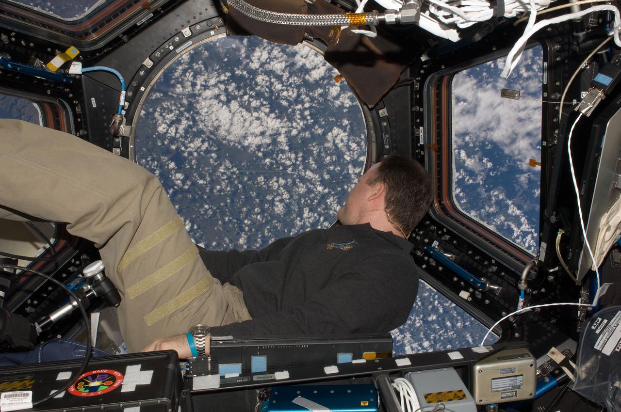 ISS028-E-048070 (11 Sept. 2011) --- NASA astronaut Ron Garan, Expedition 28 flight engineer, views a point on Earth through one of the windows in the Cupola of the International Space Station.