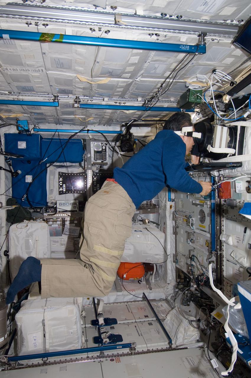 ISS029-E-021636 (6 Oct. 2011) --- Japan Aerospace Exploration Agency astronaut Satoshi Furukawa, Expedition 29 flight engineer, uses Neurospat hardware to perform a science session with the European Space Agency PASSAGES experiment in the Columbus laboratory of the International Space Station. PASSAGES is designed to test how astronauts interpret visual information in weightlessness. It aims at studying the effects of microgravity on the use of the 'Eye-Height' strategy for estimating allowed actions in an environment, and whether this could possibly decrease after a long exposure to weightlessness.